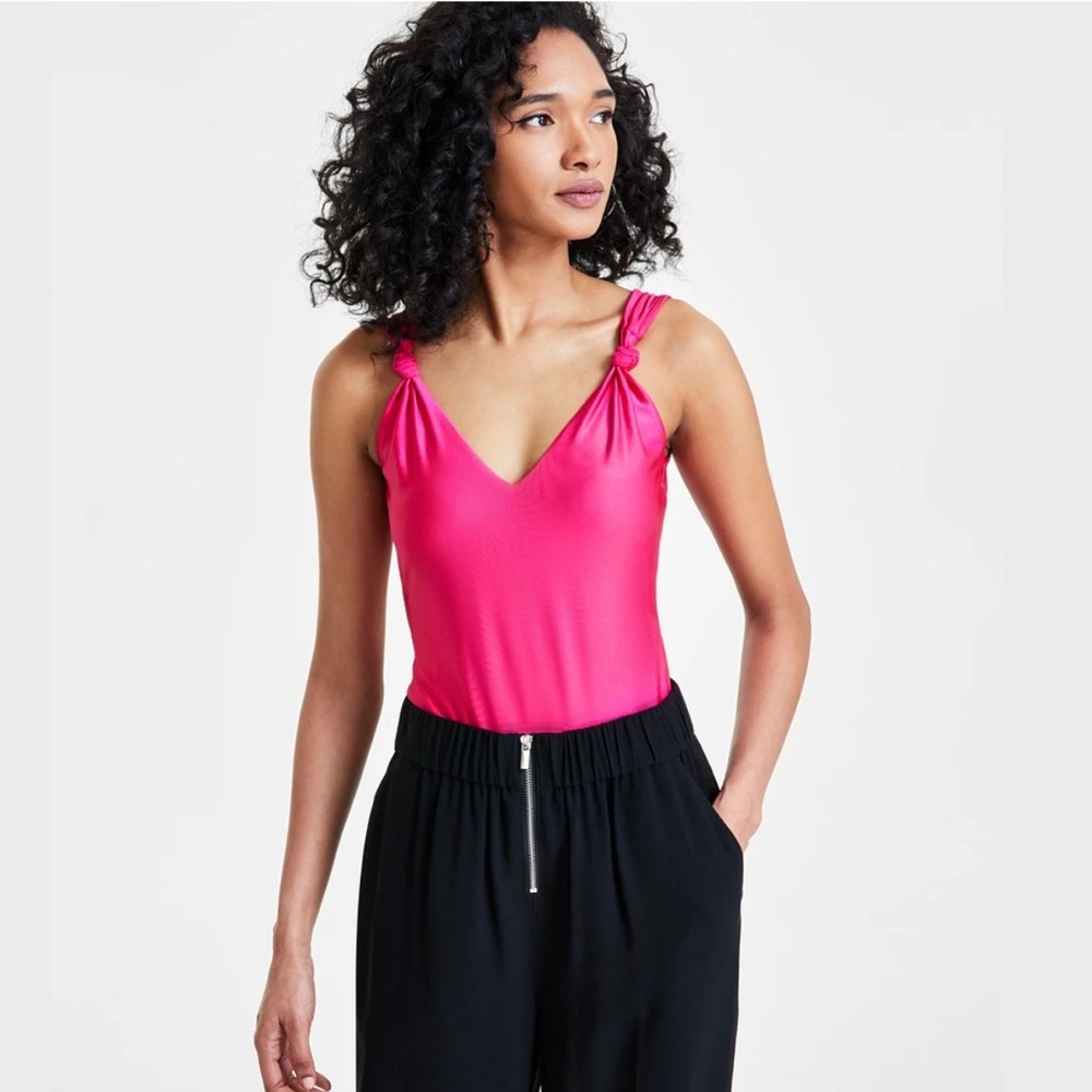 Bar III Women's Knotted-Strap Thong-Back BodysuitPink V-Neck Women's Top
